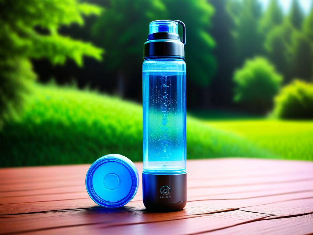 hydrogen water bottle on a wooden table in a park